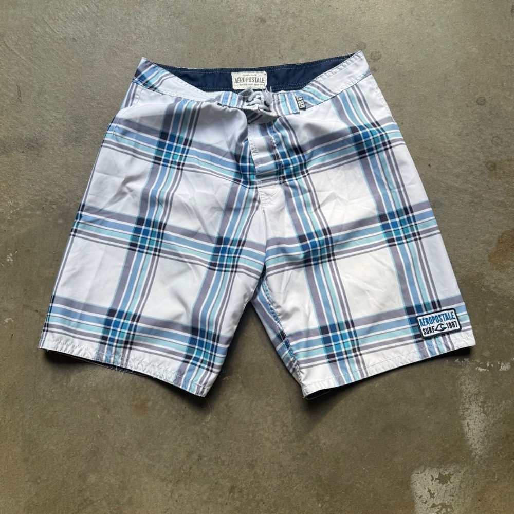 Aeropostale Mens Blue White Plaid Board Shorts Size 34